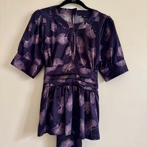 BCBG MaxAzria Purple Peplum, Puff Sleeves, Peekaboo Front, Tie Waist Top, M